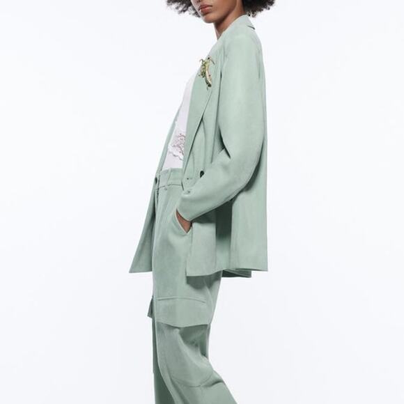 Zara Double Breasted Soft Oversized Blazer Jacket Light Green Shoulder Pads - Picture 6 of 13